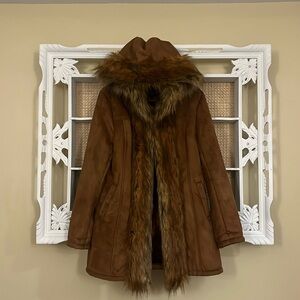 Donna Salyers Chocolate Brown Fabulous Fur Coat with Fur Lined Hood Size Lg